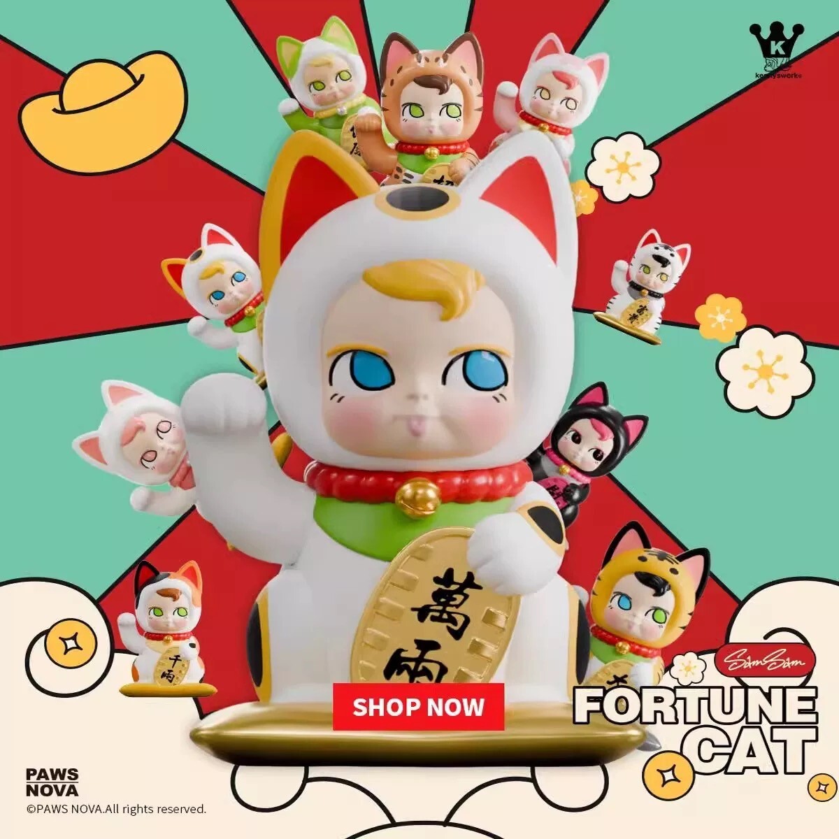 PAWS SamSam Fortune Cat Set(10 pcs) Blind Box Limited ABS PVC Figure H6CM(2.4in)