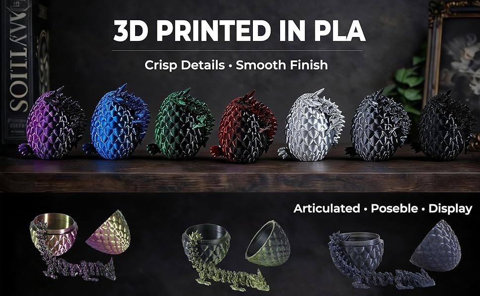 12 Pack – 3D Printed Dragon Eggs with 5.3″ Dragons Inside, Flexible, Dark Series