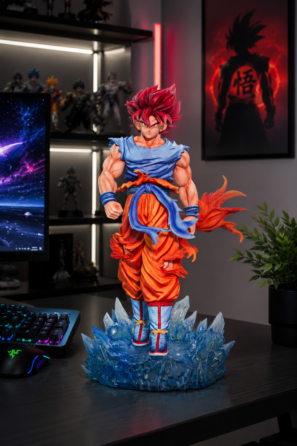 Dragon Ball Super Sanya Goku Blue Red Wukong 33cm LED Anime Statue Figure
