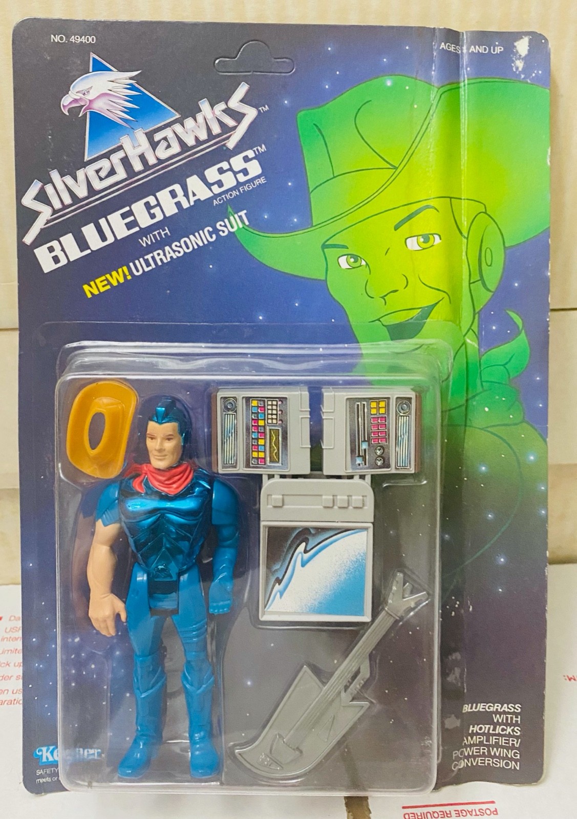 Vintage 1986 Kenner Bluegrass with new Ultrasonic Suit SILVERHAWKS CREASED card