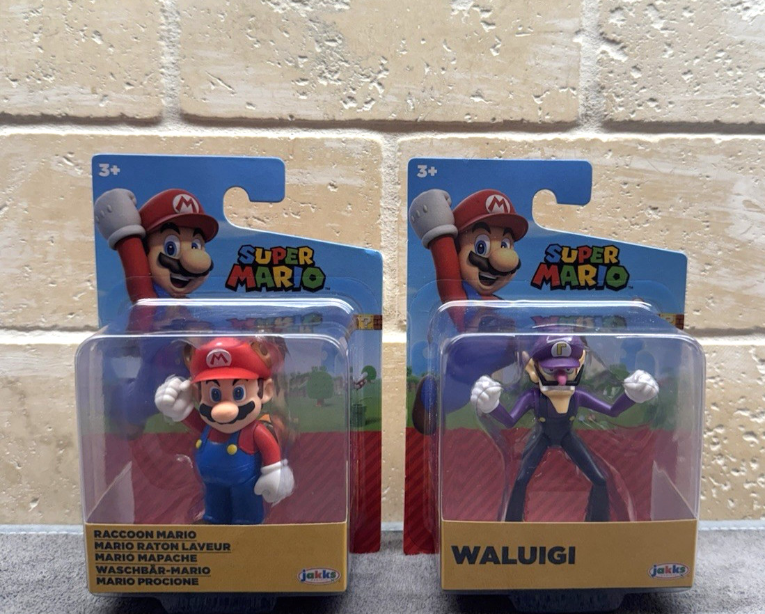 Super Mario Waluigi and Raccoon Mario 3 Inch Action Figures BUNDLE NIP