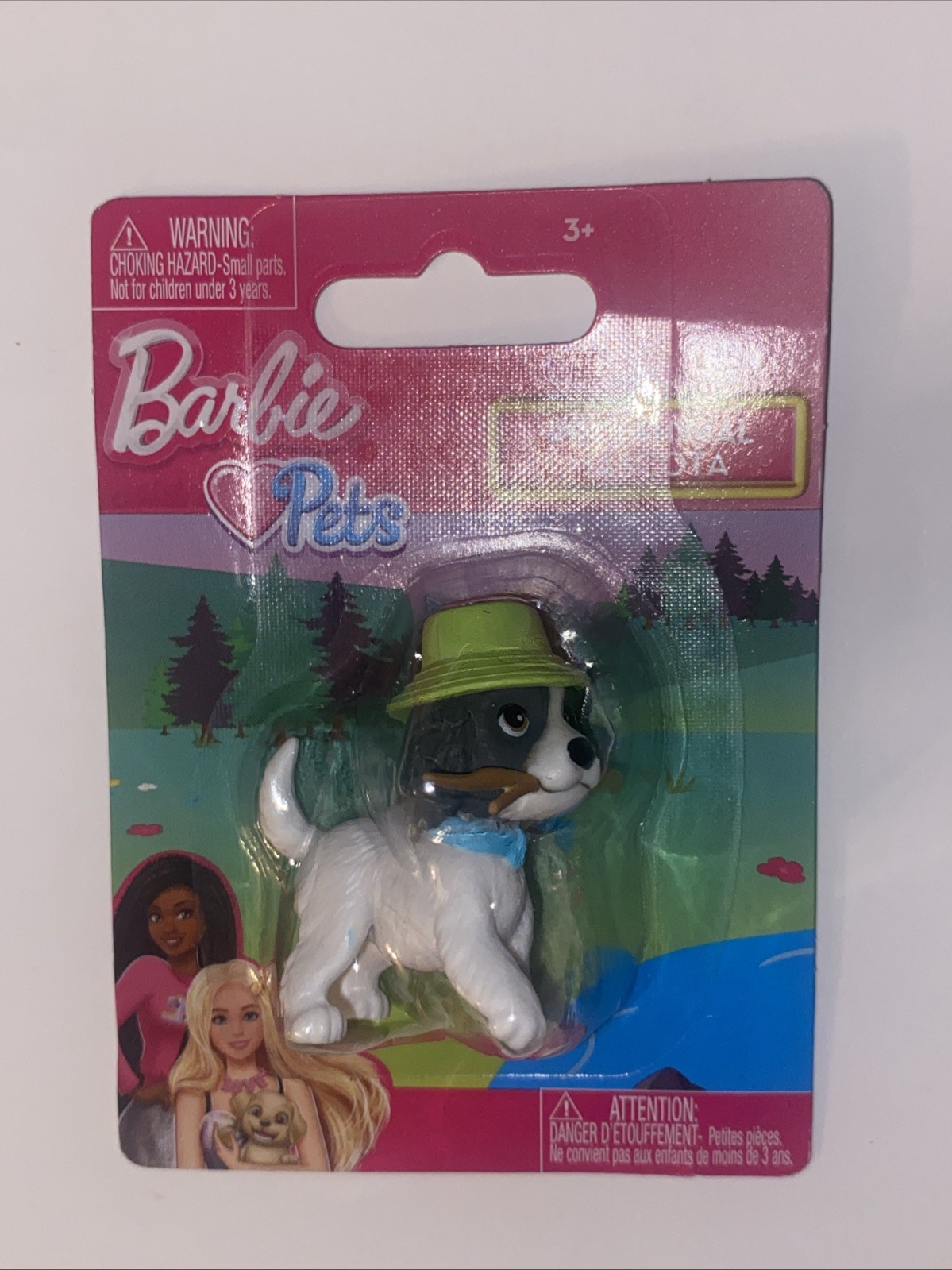 Black & White Barbie Pets Puppy with Green Hat and Stick 2″ Mini Figure New