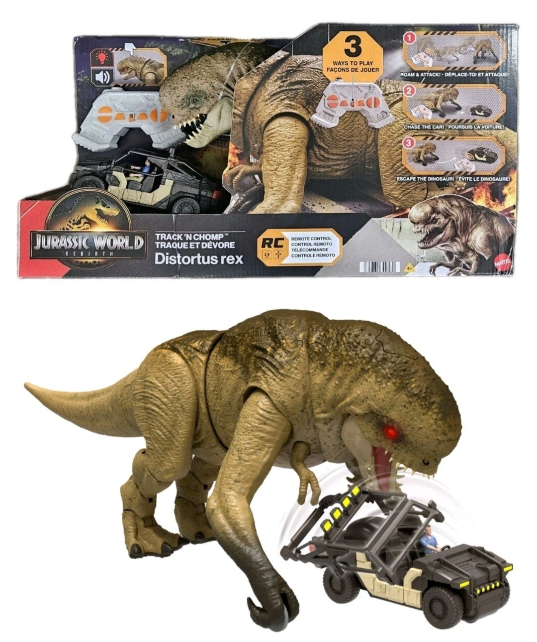 Jurassic World Rebirth Track N Chomp Distortus Rex & Vehicle, Remote Control