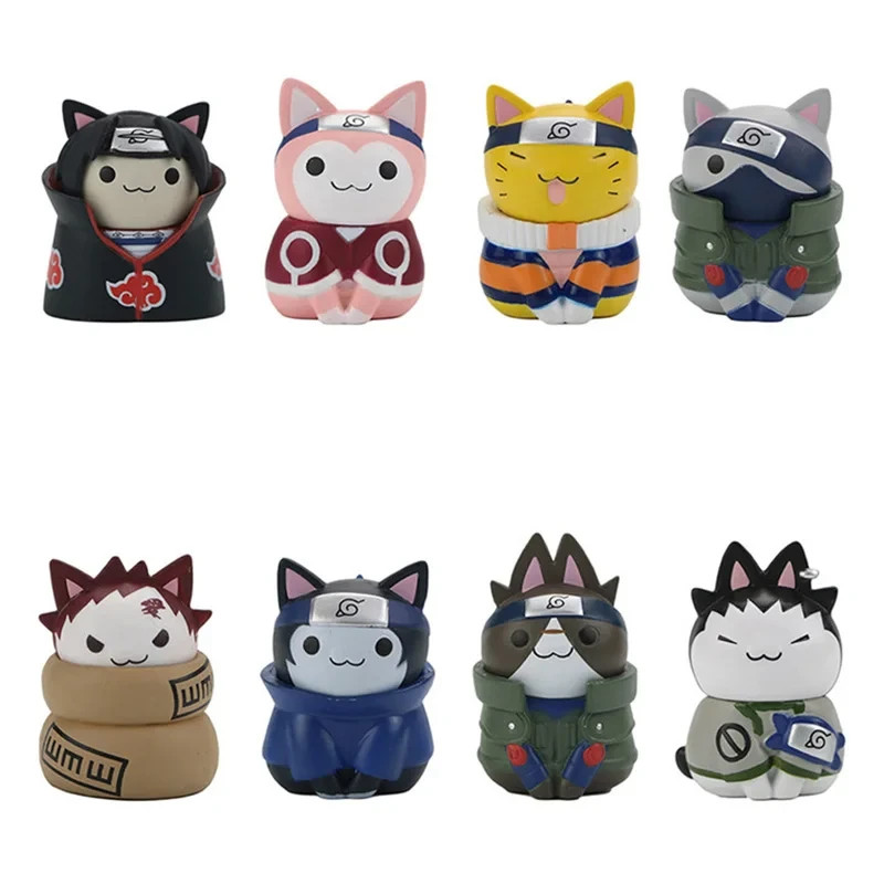 8Pcs Naruto Cat Figure Set Kakashi Itachi Gaara Cute Mini Anime Doll Toy