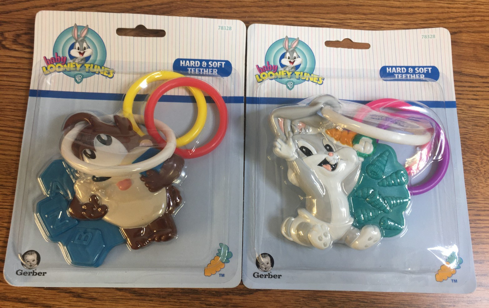 2 GERBER Looney Tunes Lovables Hard And Soft Teething Ring Bugs Bunny Taz New