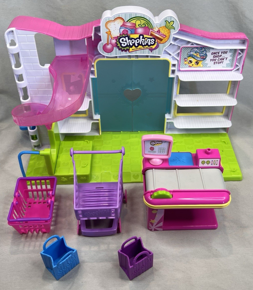 Shopkins Small Mart Grocery Store Playset 6 Pc Lot Cart Register Elevator