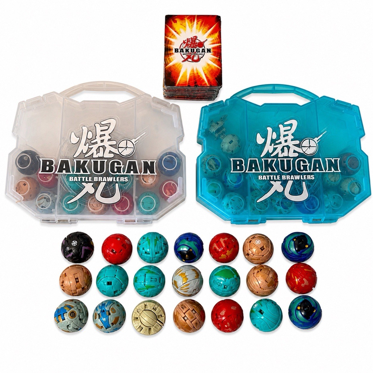 Bakugan Battle Brawlers Lot of 35 Figures, 2 Carry Cases, & Big Deck of Cards