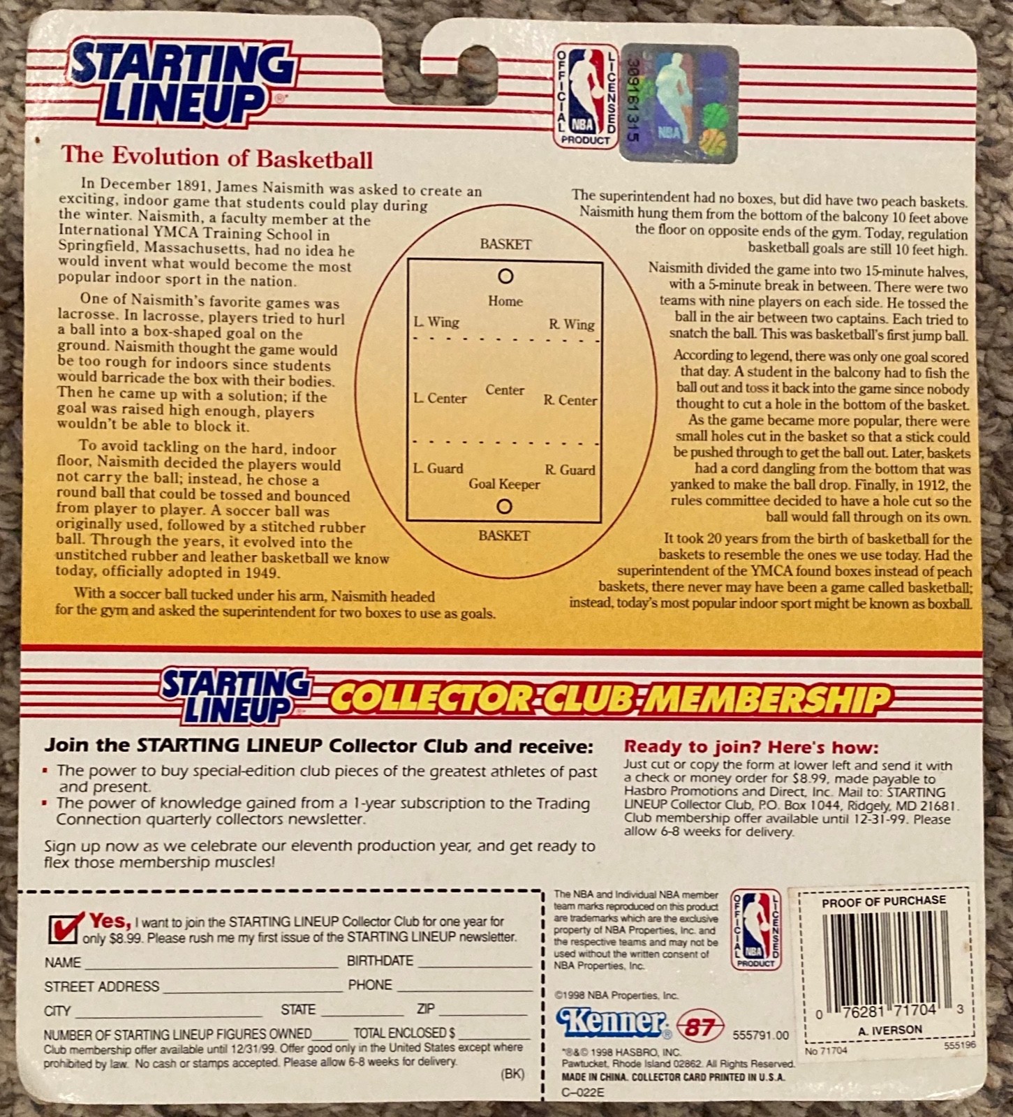 1998 Allen Iverson #3 Philadelphia 76ers Starting Lineup Figure NBA KENNER SLU
