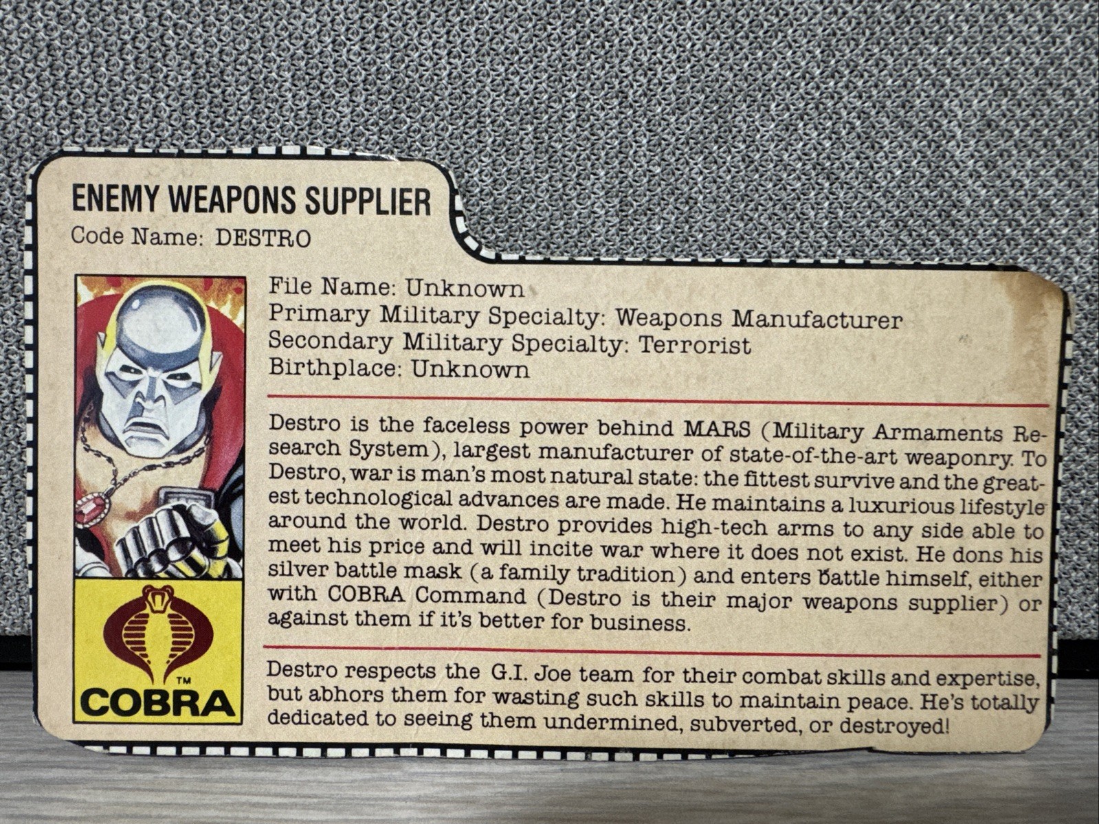 GI Joe Destro Cobra Enemy Weapons Supplier 1983 File Card ARAH