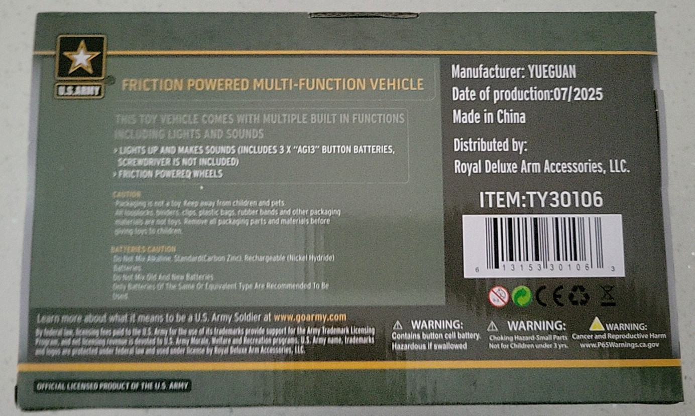 New U.S. Army Jungle Patrol Humvee Friction Light & Sound 1:16 Truck