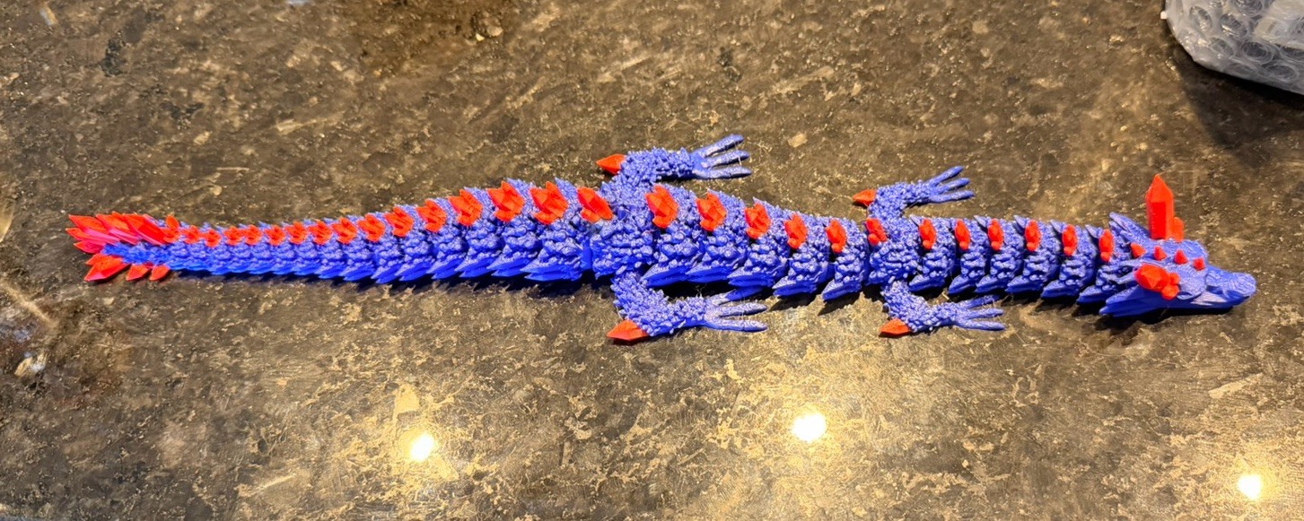 Articulated Crystal Dragon 3D Printed – Red/Blue – Flexible Fidget – 15 Inches