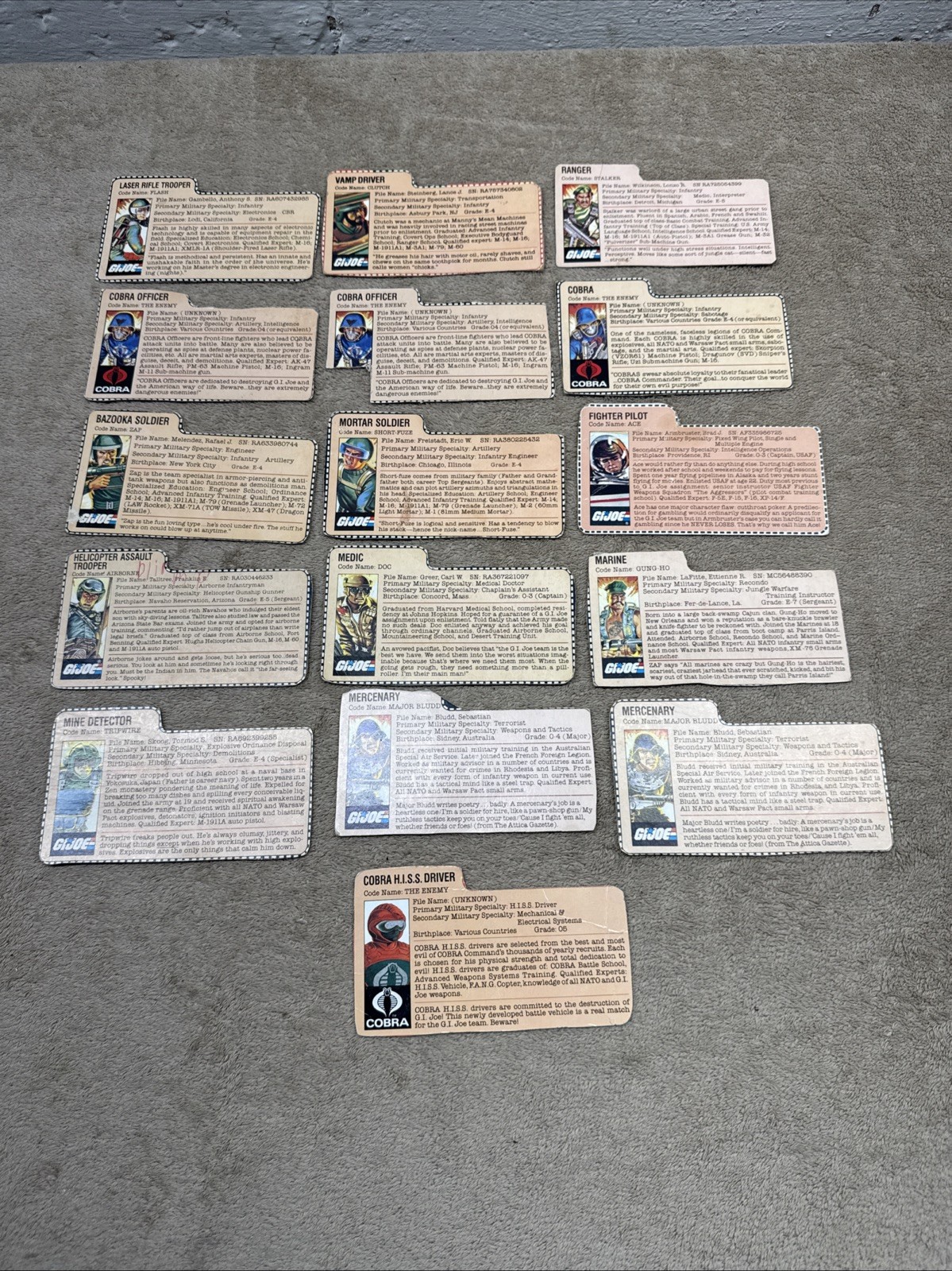 1982/83 GI Joe File Card Lot Of 16! Cobra Officer/HISS Driver/Doc/Ace