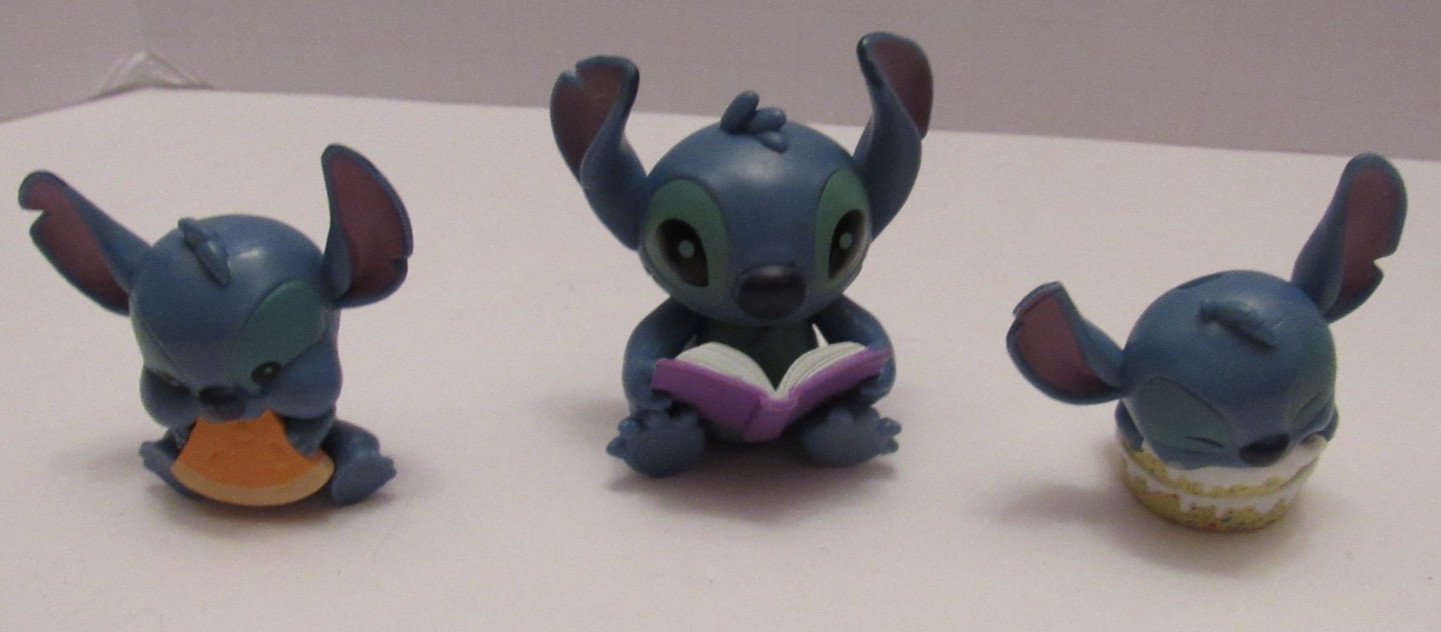 Disney Just Play Stitch Minature Lot Of 3 Eating Orange Eating Cake Reading Book