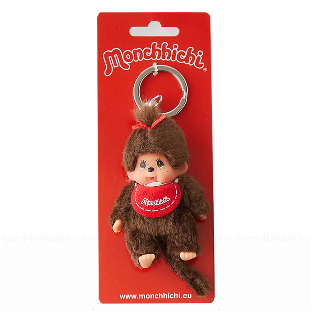 4″ Monchhichi Keychain – Classic Girl with Red Bib Macot – Authentic Plush