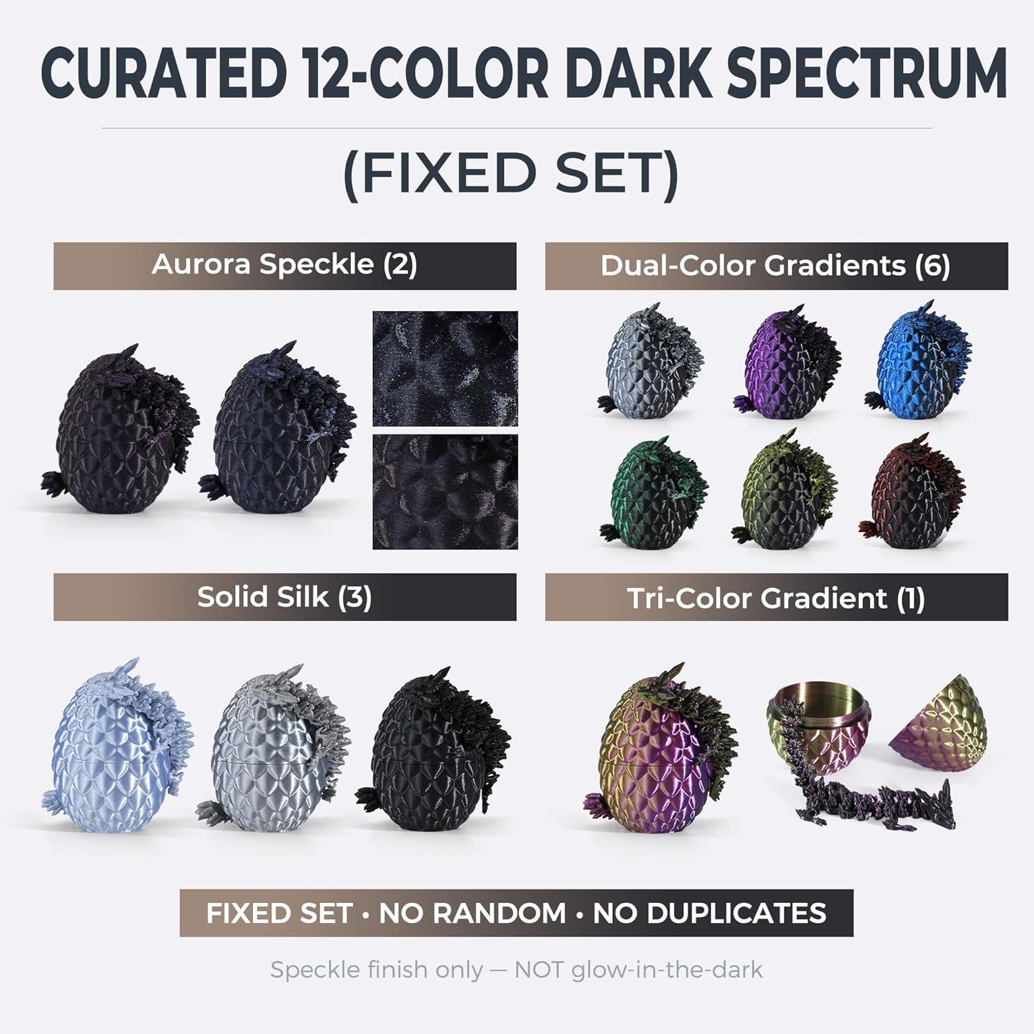 12 Pack – 3D Printed Dragon Eggs with 5.3″ Dragons Inside, Flexible, Dark Series