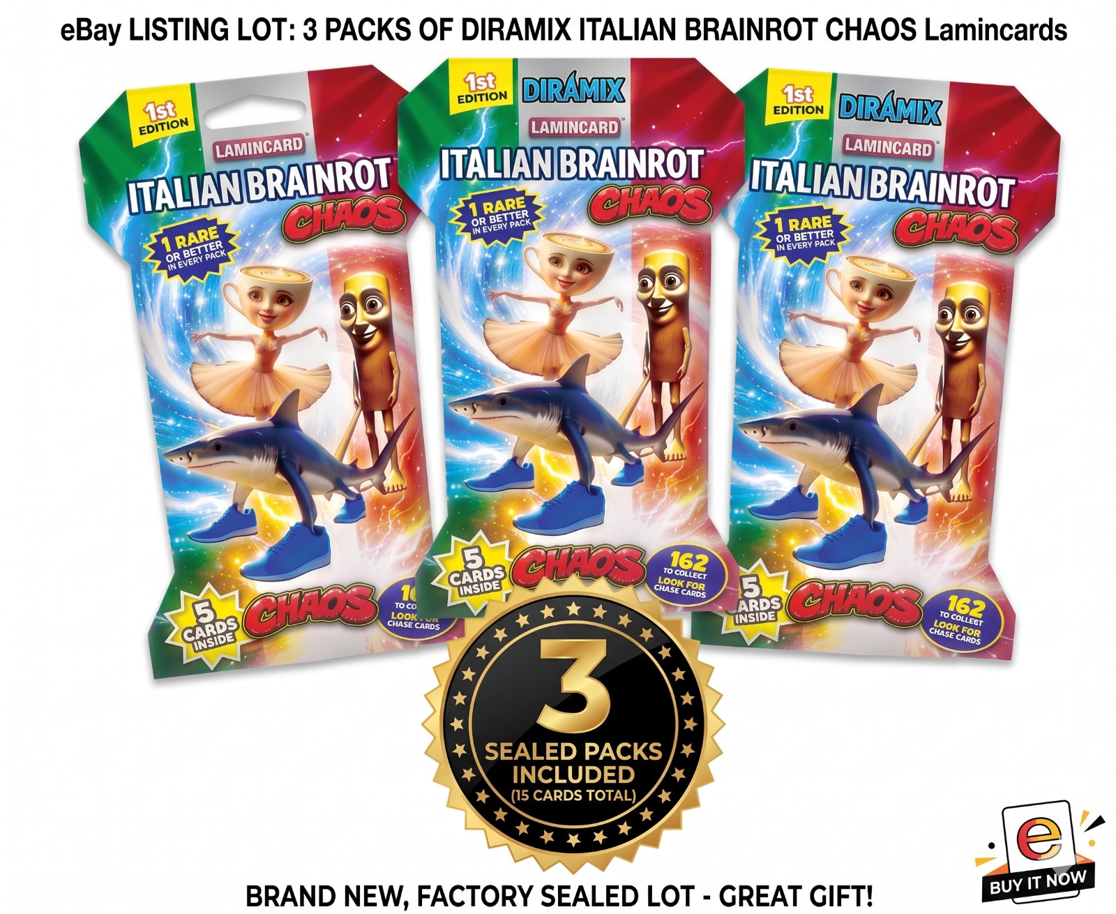 Italian Brainrot 1st Edition Chaos Trading Cards includes 3 Booster Packs