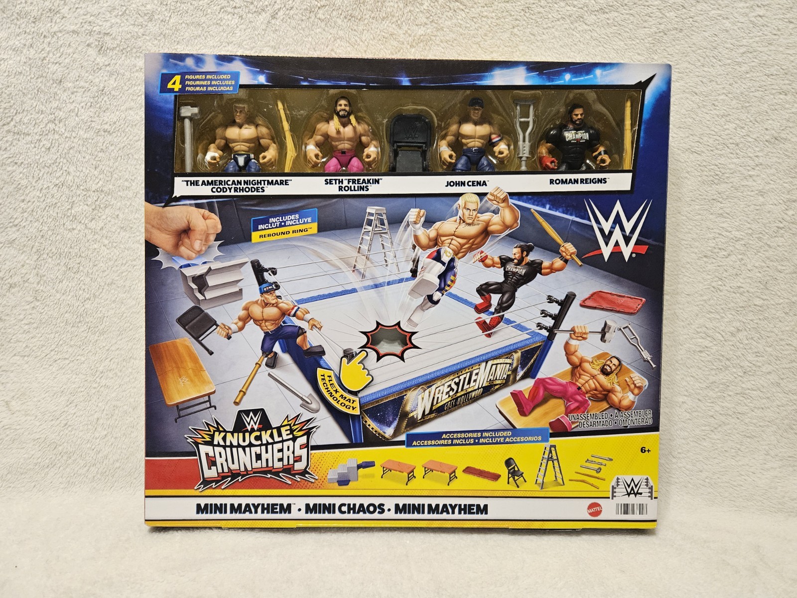 WWE Knuckle Crunchers Mini Mayhem Ring Bundle Rhodes Rollins Cena Reigns