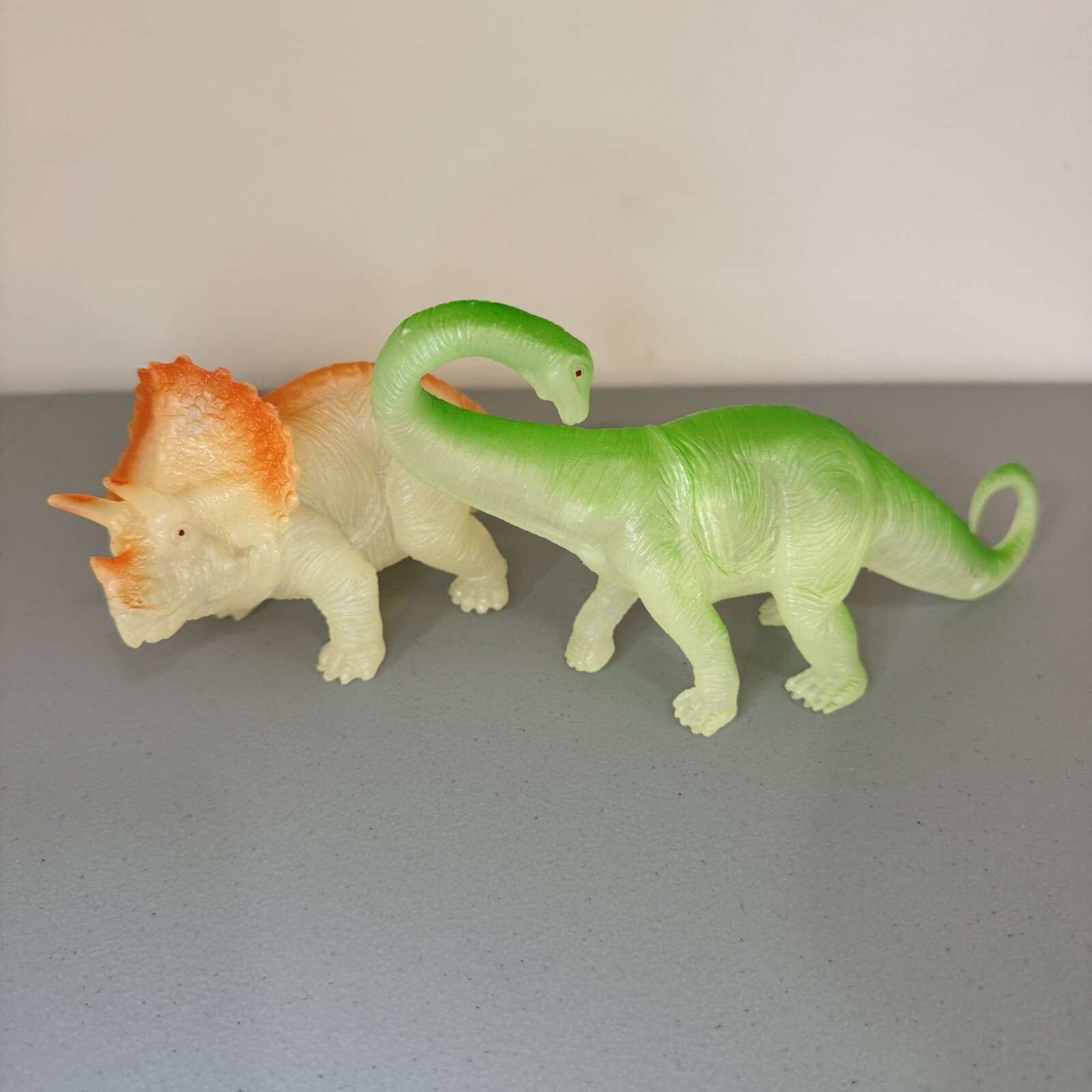 Vintage Opaque Orange Triceratops and Green Apatosaurus Dinosaur Toys