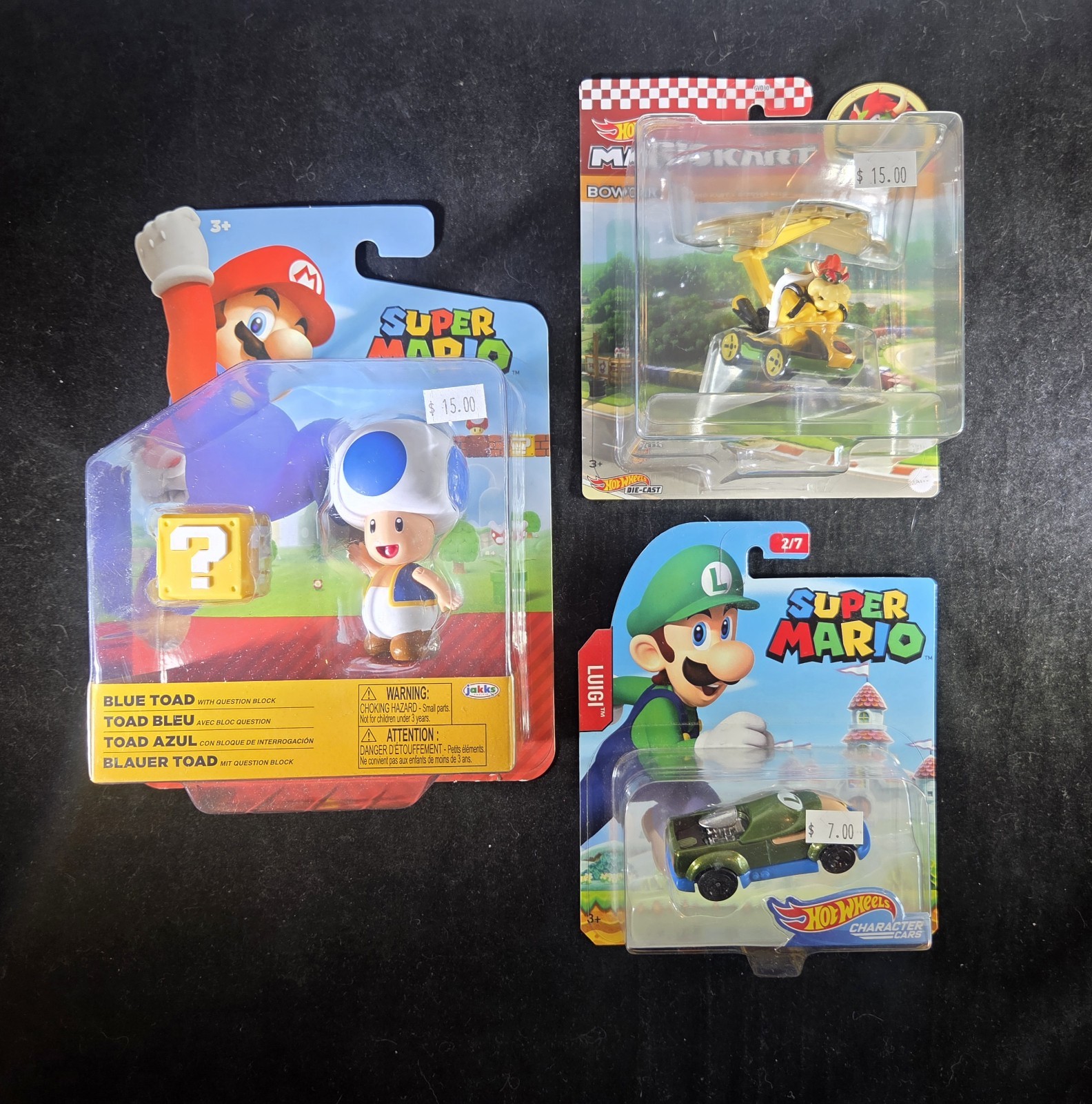 Super Mario Action Figures Toys / Hot Wheels – Toad Bowser Luigi – Lot of 3