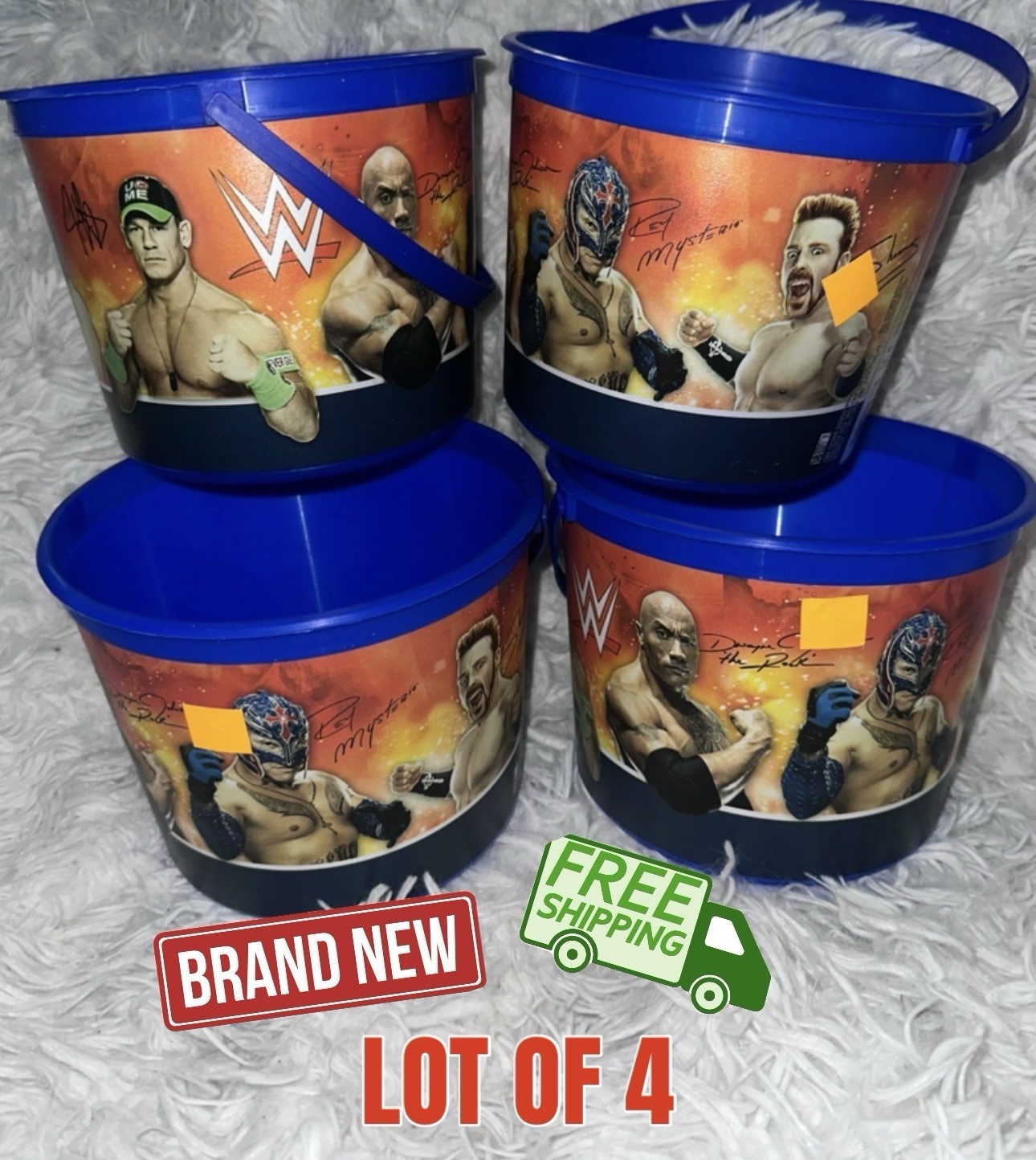 WWE Wrestling Pail Bucket John Cena Daniel Bryan The Rock Rey Mysterio**LOT of 4