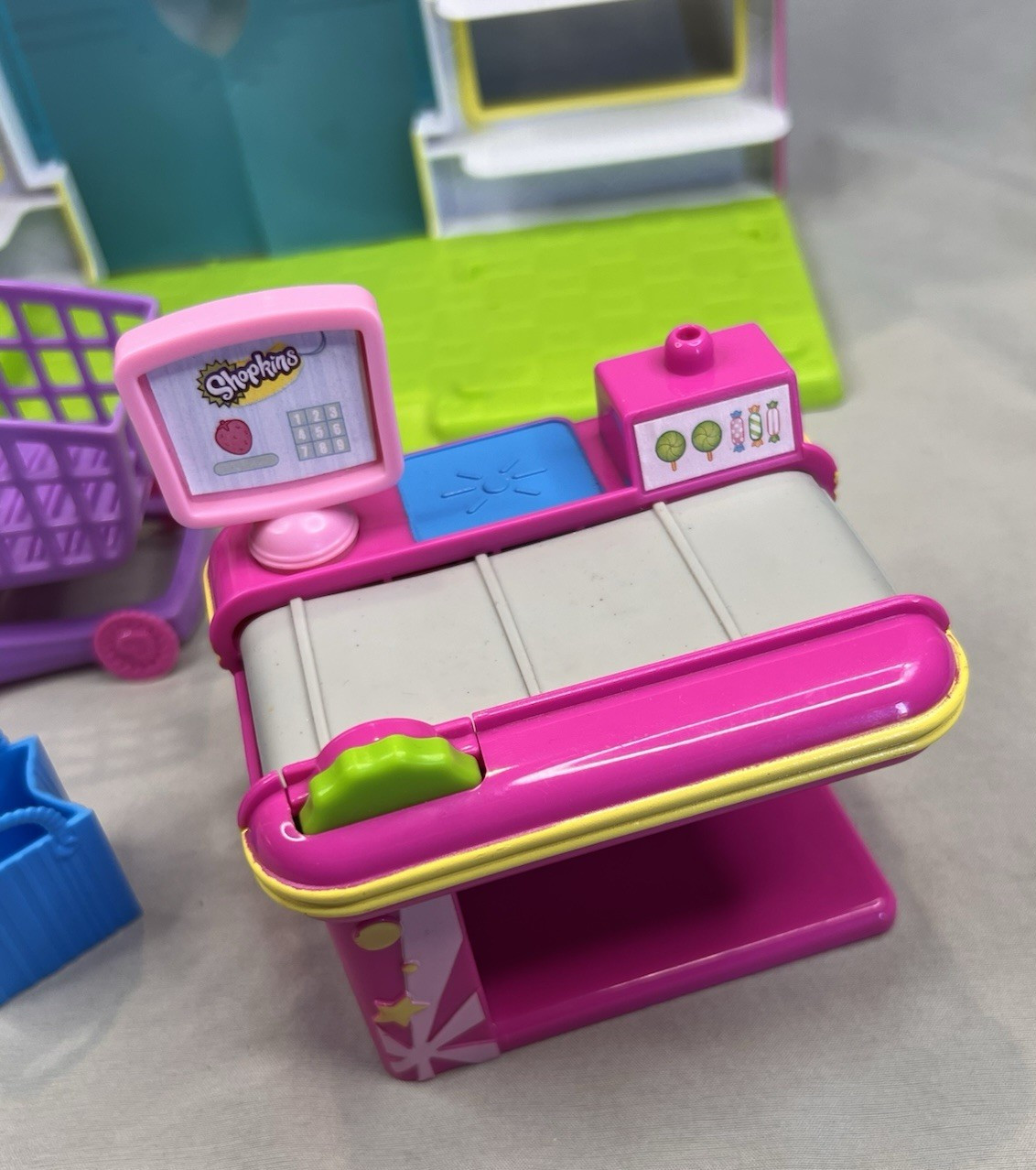Shopkins Small Mart Grocery Store Playset 6 Pc Lot Cart Register Elevator