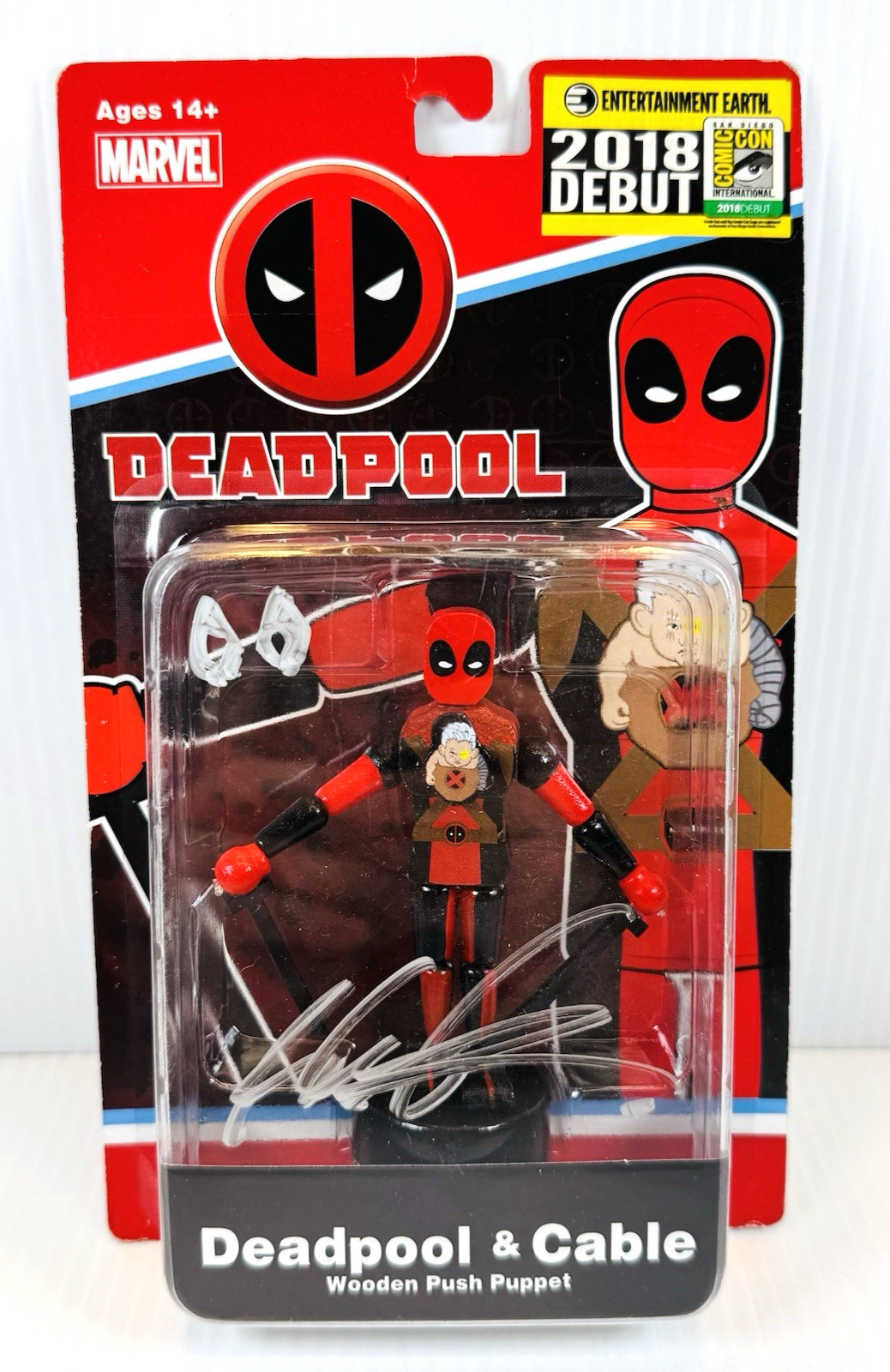 ROB LIEFELD Signed Deadpool & Cable Wooden Push Puppet 2018 SDCC Debut