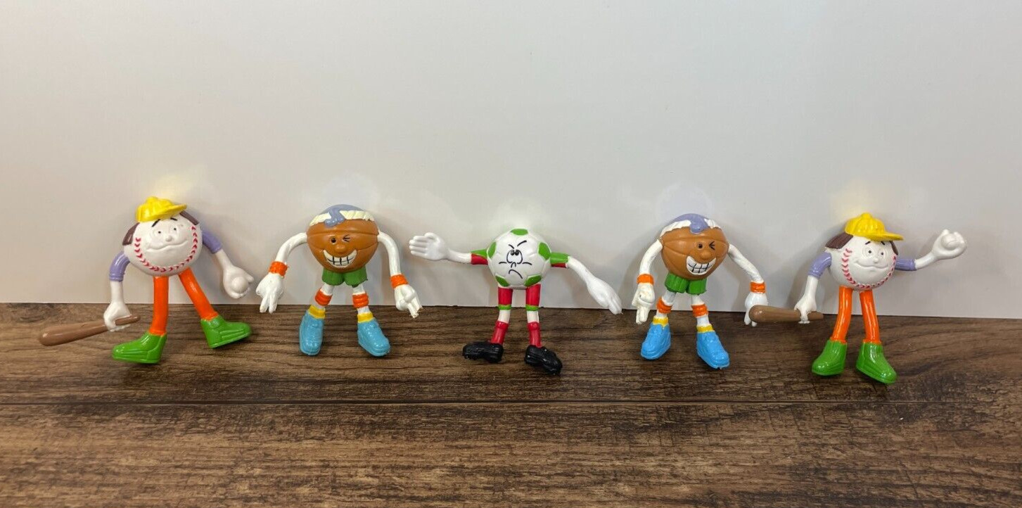 Vintage Lot of 5 Bendable 2″ Sports Ball Figures Soccer Baseball Basketball
