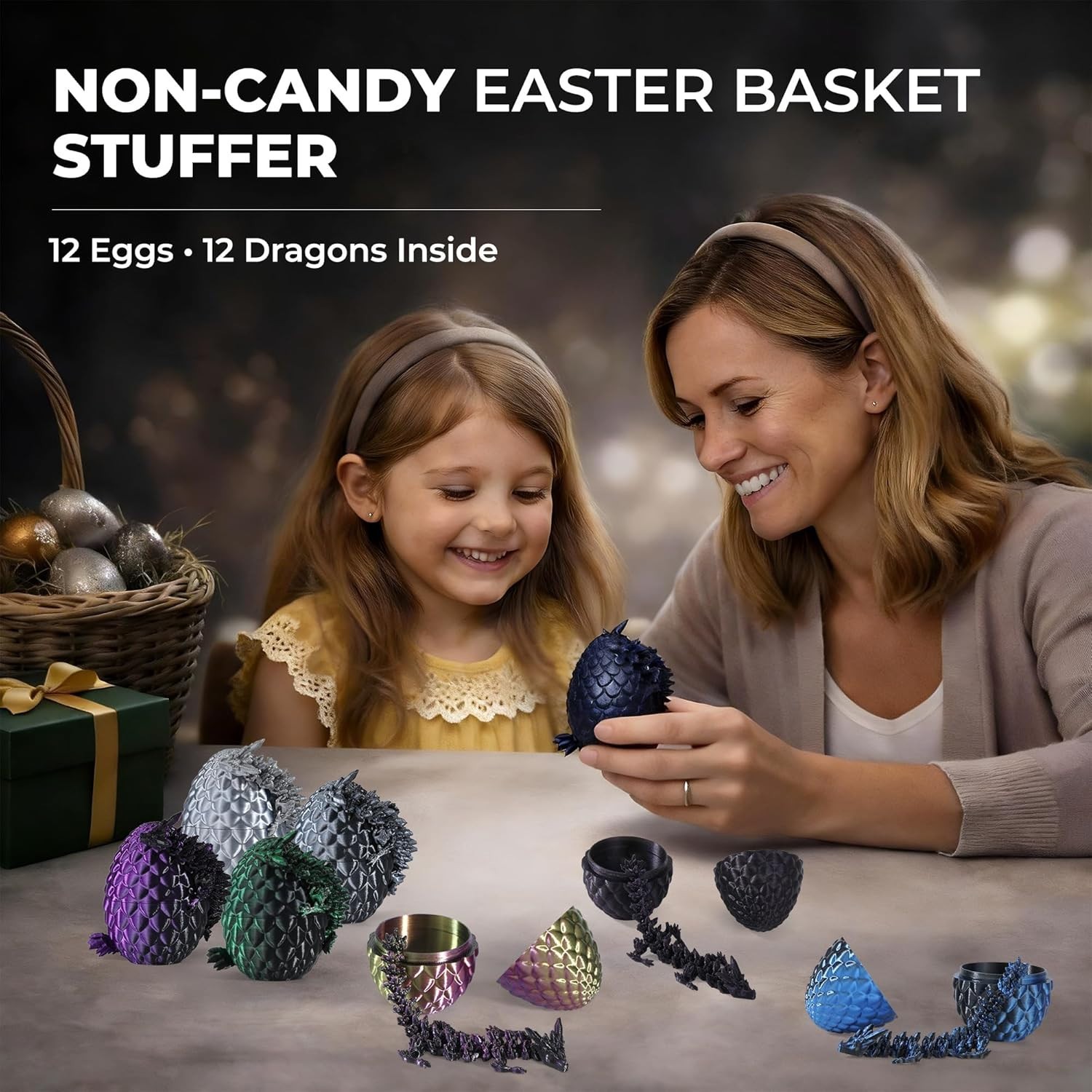 12 Pack – 3D Printed Dragon Eggs with 5.3″ Dragons Inside, Flexible, Dark Series