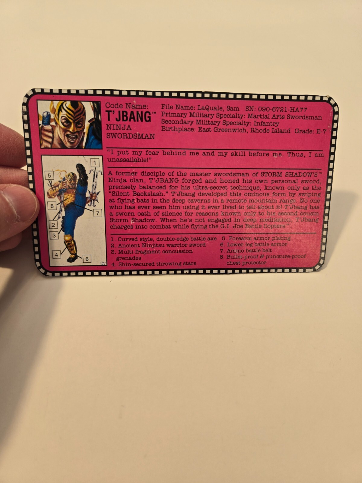VINTAGE 1992 GI JOE ARAH ACTION FIGURE T’JBANG NINJA SWORDSMAN FILE CARD