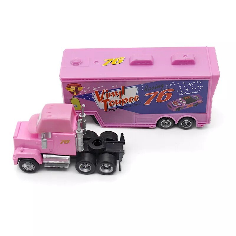 2Pcs Disney Pixar Cars No.76 Vinyl Toupee Hauler Truck with Car Diecast Toy Set