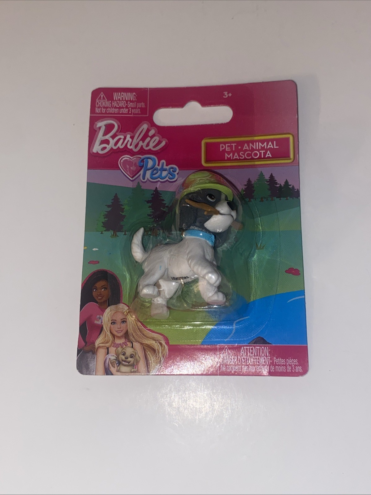 Black & White Barbie Pets Puppy with Green Hat and Stick 2″ Mini Figure New