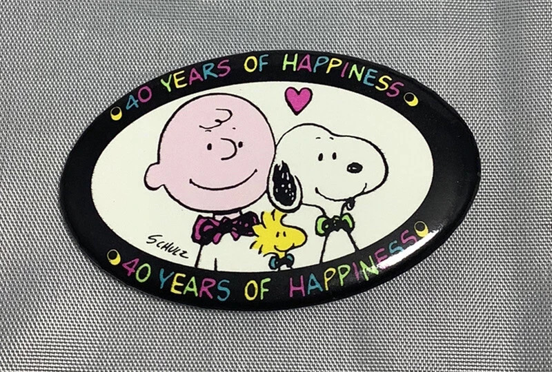 Vintage Peanuts, Charlie Brown and Snoopy, 40 Years of Happiness Oval Button Pin
