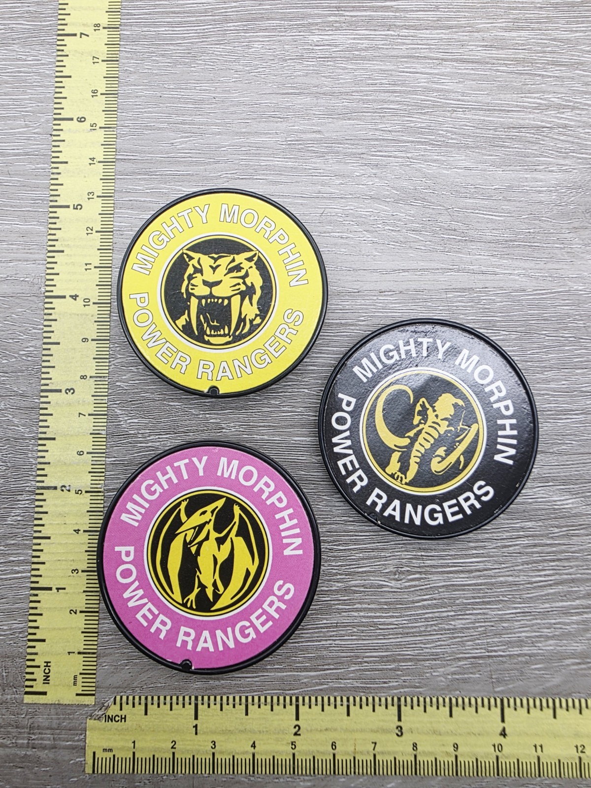 3 Vintage 1993 1994 Mighty Morphin Power Rangers Clipon Badges Yellow Pink Black