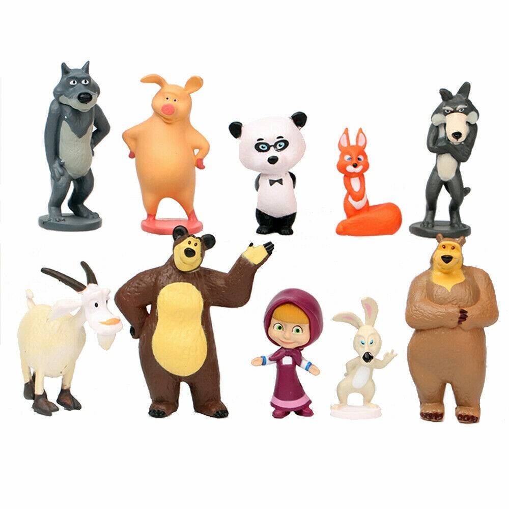 Masha and The Bear 10 Piece Action Figures Cake Toppers Set Party Toys New