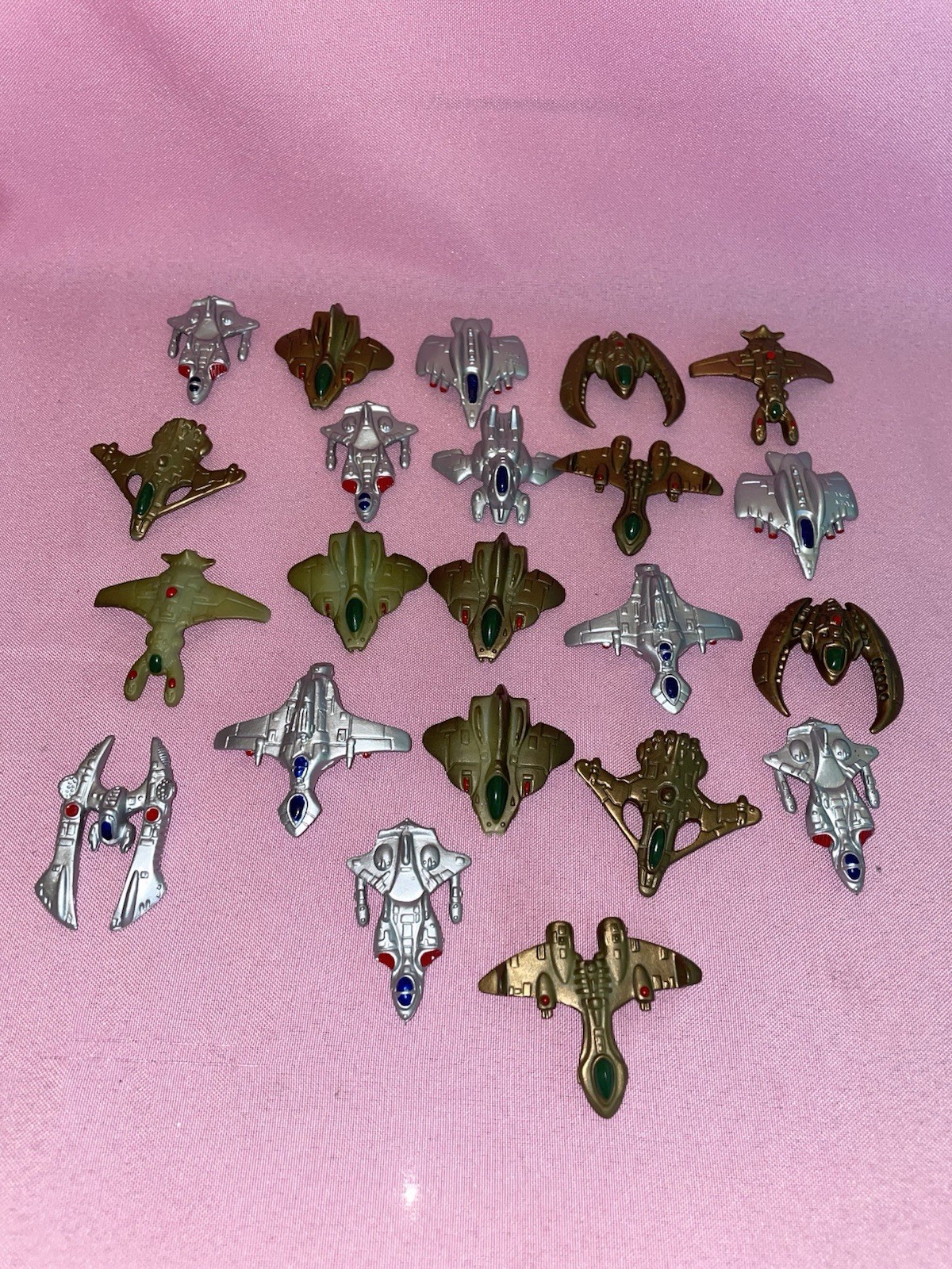22 Miniature 1.5”-2” Plastic Alien Space Ships Silver Copper Green Colored