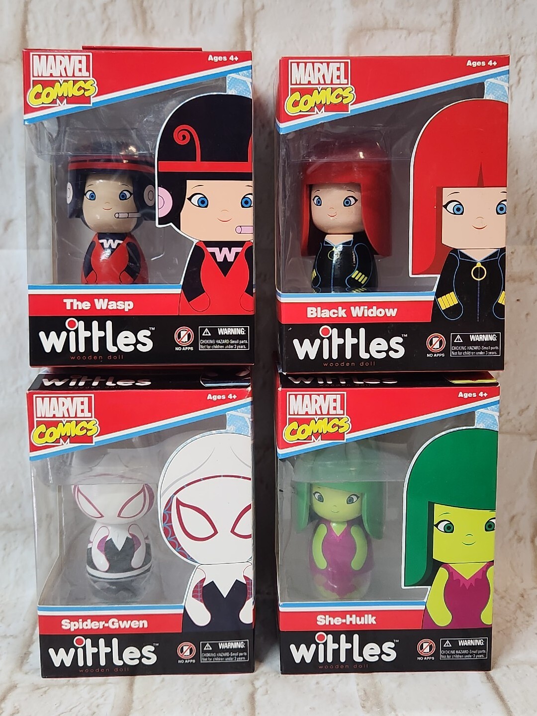 Marvel Comics E.E 4″ Wittles Wooden Dolls Spider-Gwen She-Hulk Wasp Black Widow