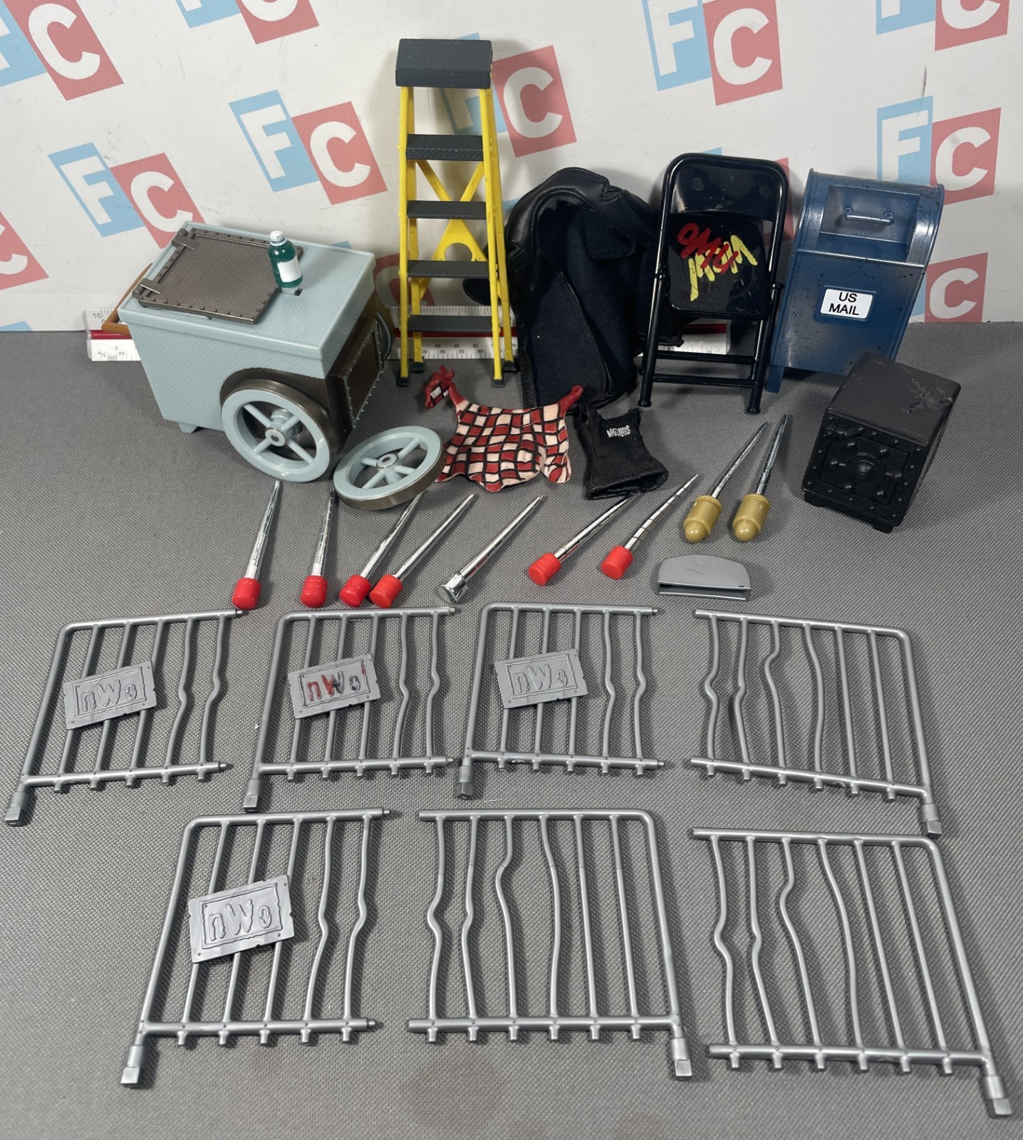 WCW TNA Wrestling ToyBiz Figure Accessory Lot Ladder Guardrails Mailbox WWE