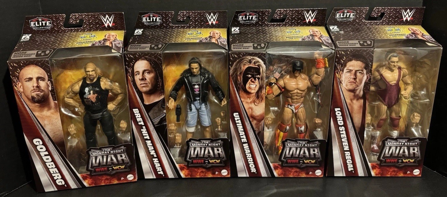 WWE Elite Monday Night War Series 12 Goldberg, Bret Hart, Warrior & Steven Regal