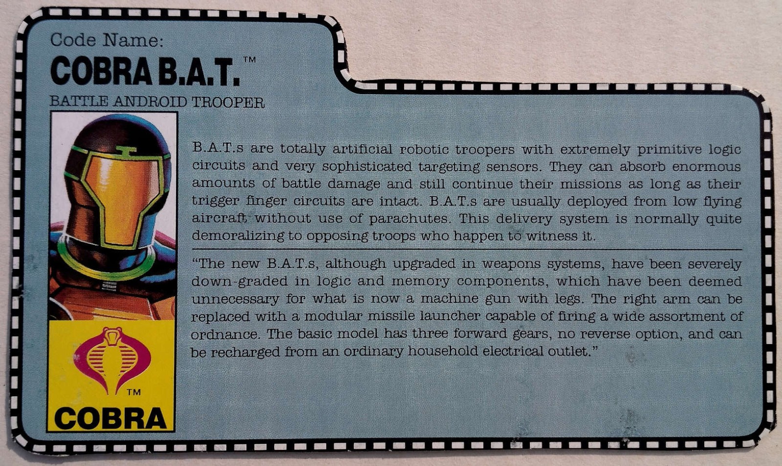 Vintage Hasbro 1991 G.I. Joe ARAH Cobra B.A.T. FILE CARD