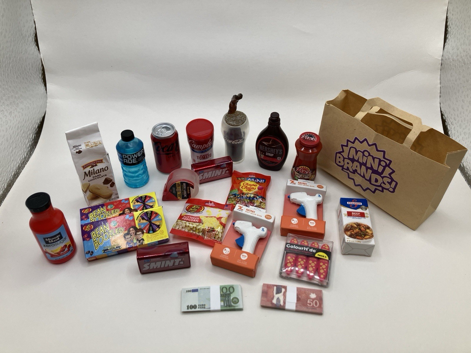 Mini Brands Lot, Coca Cola with Frozen moment, Powerade, Bean Boozled, Money