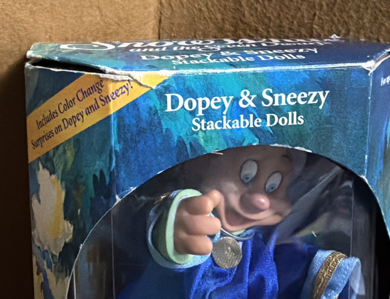 Snow White & The Seven Dwarfs Dopey & Sneezy Stackable Dolls 1992 NOB “read”