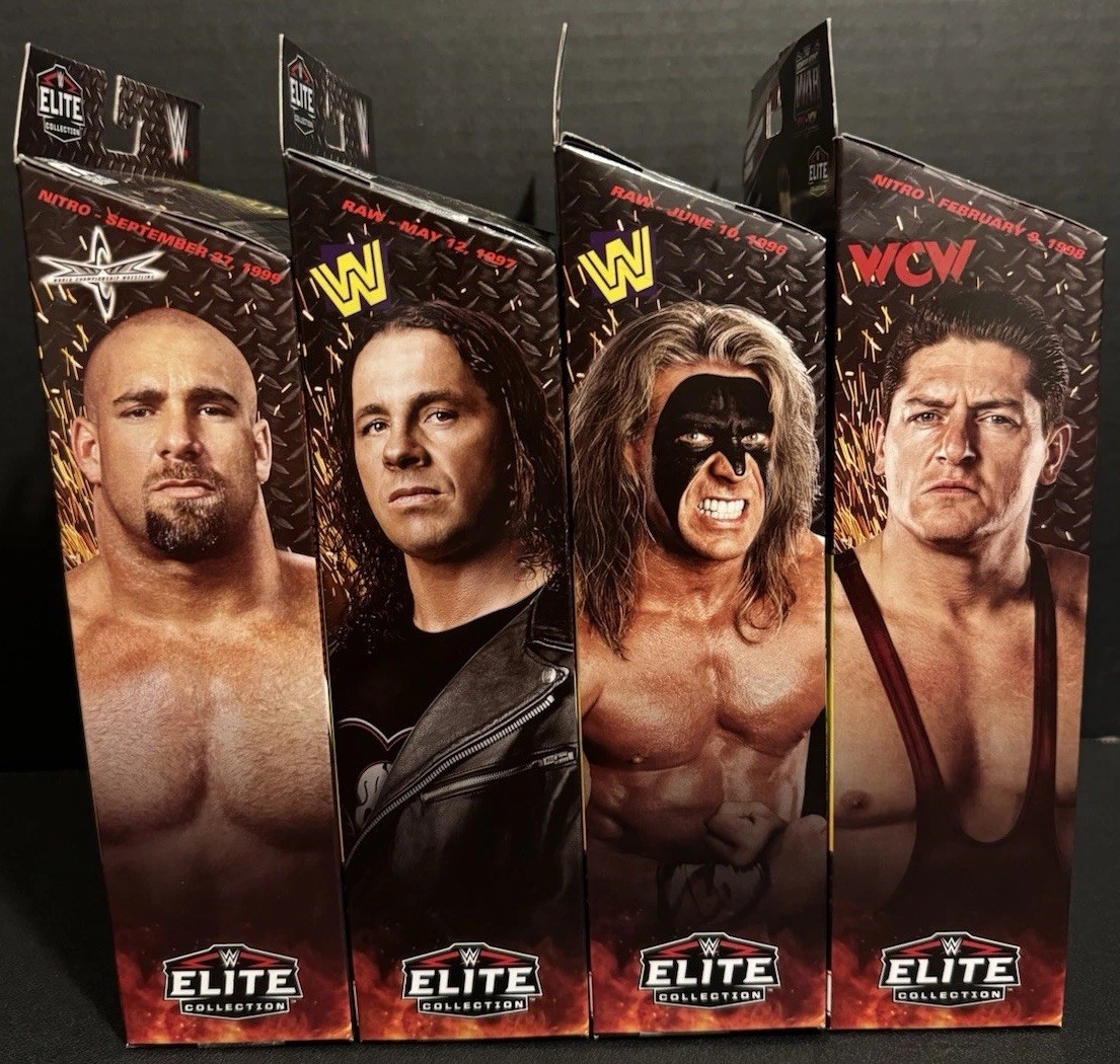 WWE Elite Monday Night War Series 12 Goldberg, Bret Hart, Warrior & Steven Regal
