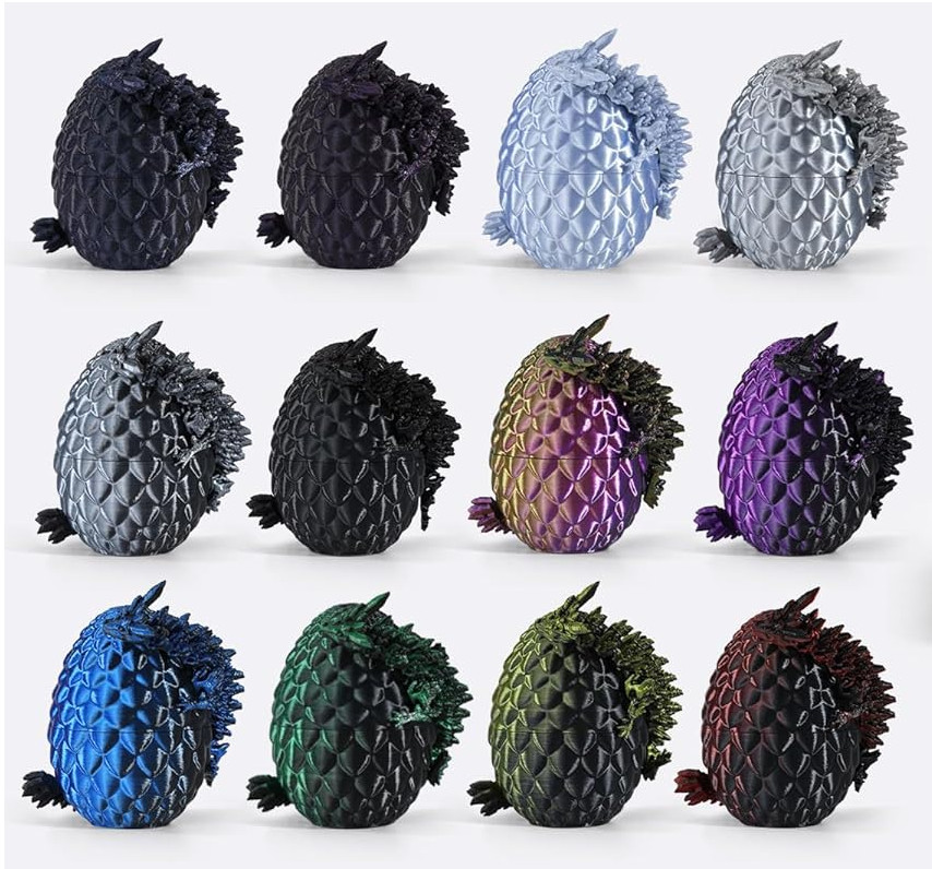 12 Pack – 3D Printed Dragon Eggs with 5.3″ Dragons Inside, Flexible, Dark Series